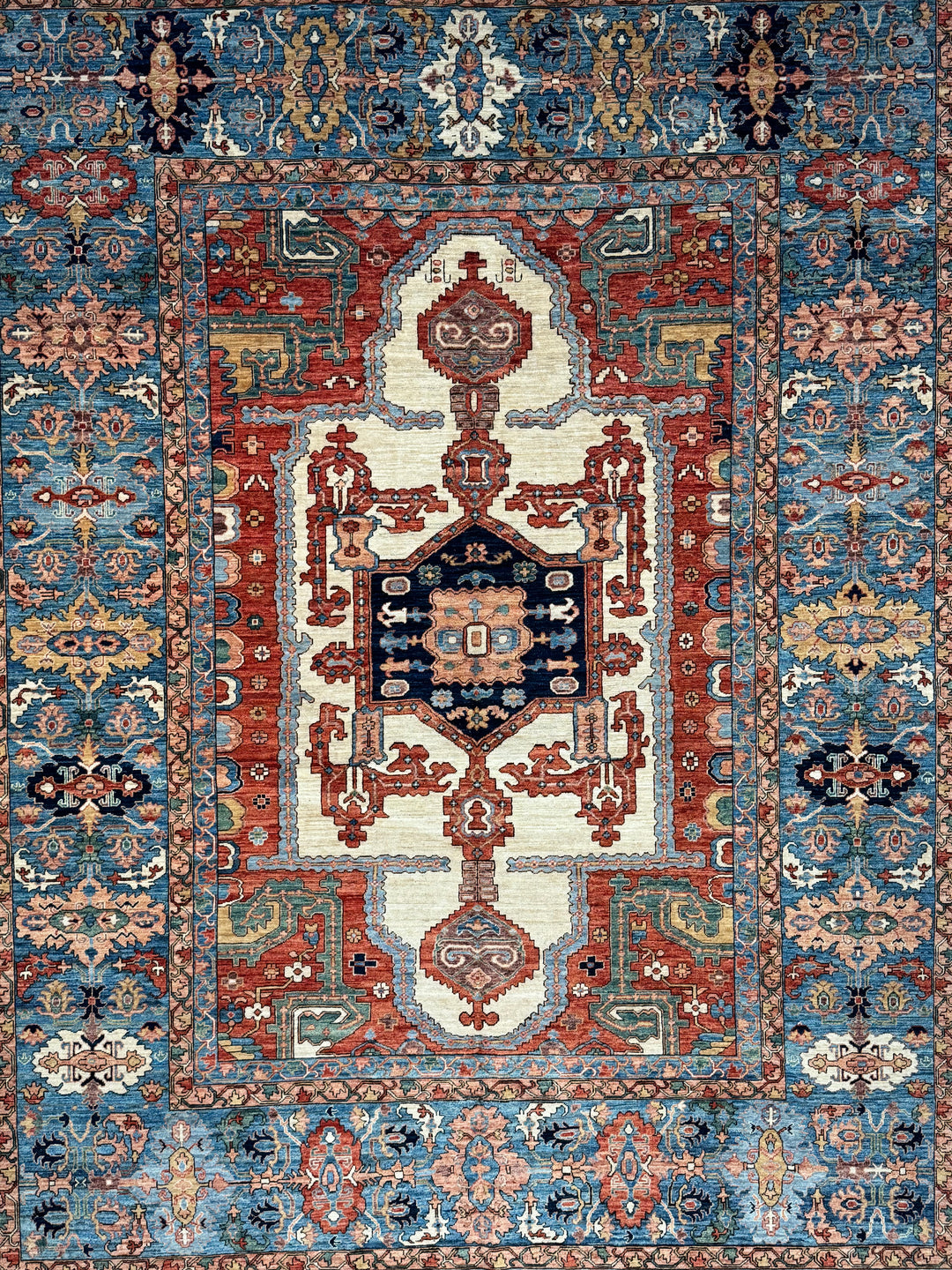 Blue, Rust &amp; Ivory Geometric Medallion Rug – 9’5” x 12’1”