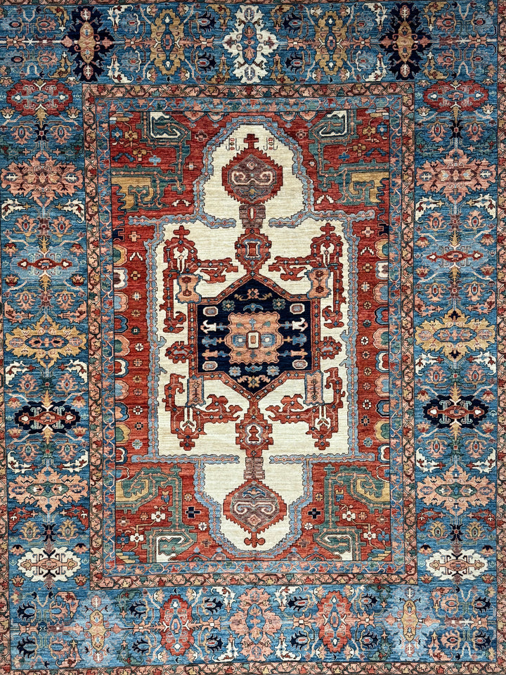Blue, Rust &amp; Ivory Geometric Medallion Rug – 9’5” x 12’1”
