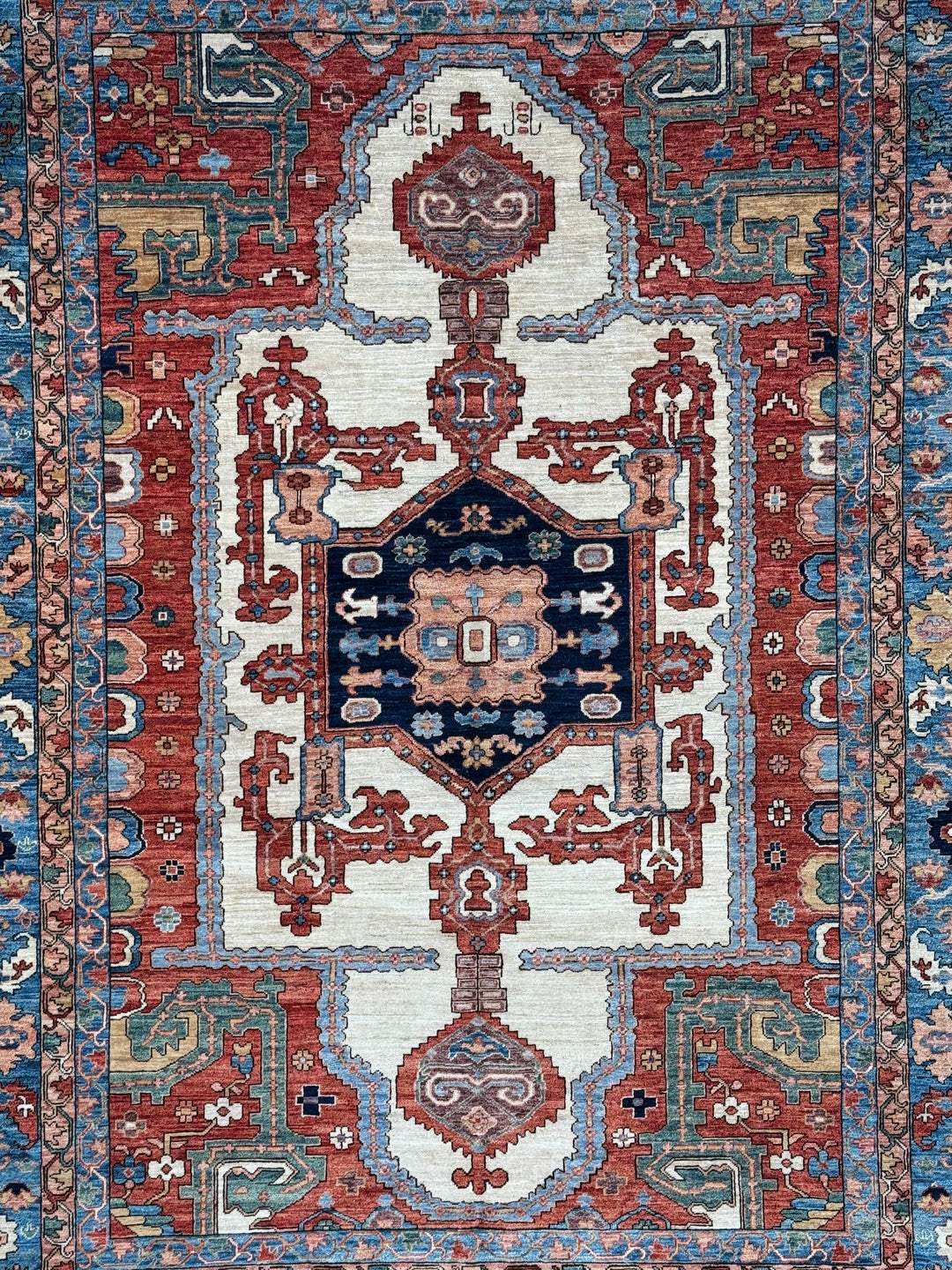 Blue, Rust &amp; Ivory Geometric Medallion Rug – 9’5” x 12’1”