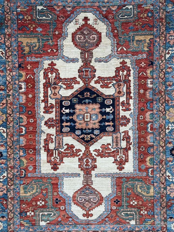 Blue, Rust &amp; Ivory Geometric Medallion Rug – 9’5” x 12’1”