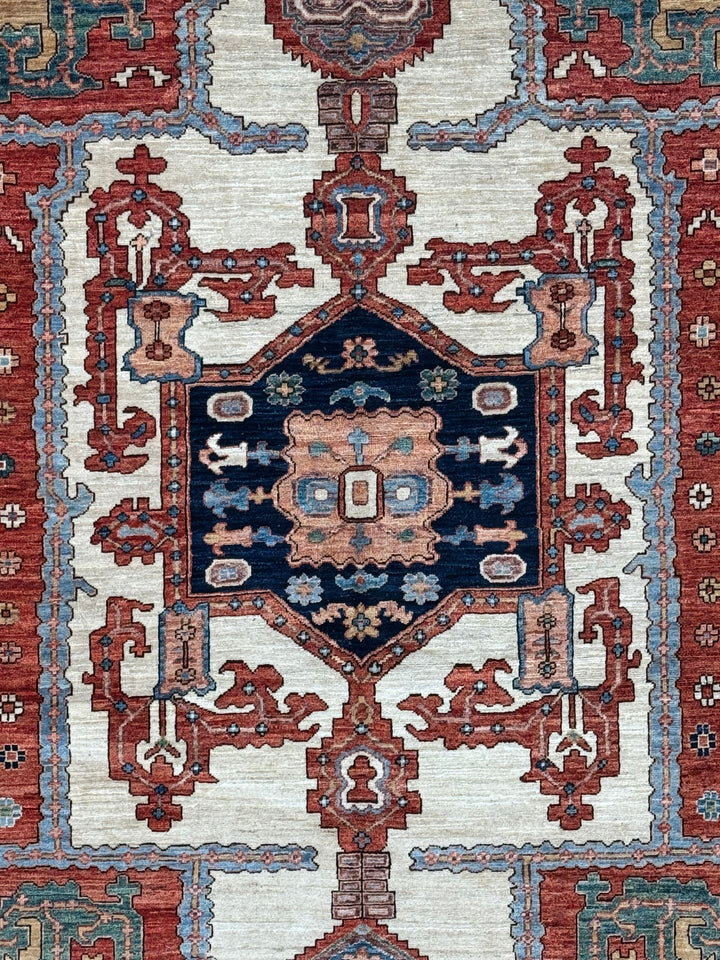 Blue, Rust &amp; Ivory Geometric Medallion Rug – 9’5” x 12’1”