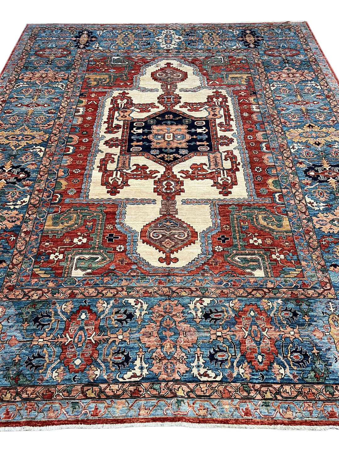 Blue, Rust &amp; Ivory Geometric Medallion Rug – 9’5” x 12’1”