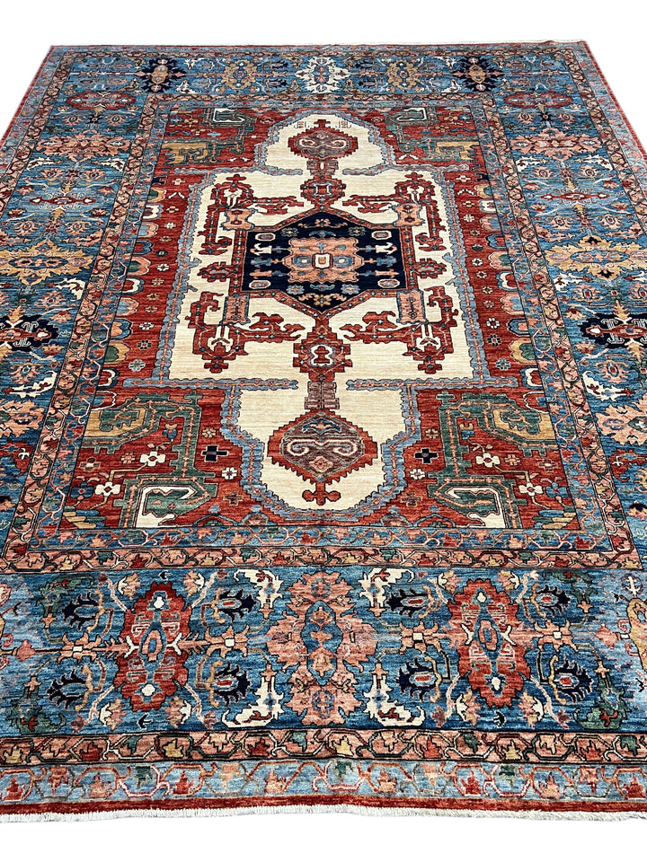 Blue, Rust &amp; Ivory Geometric Medallion Rug – 9’5” x 12’1”