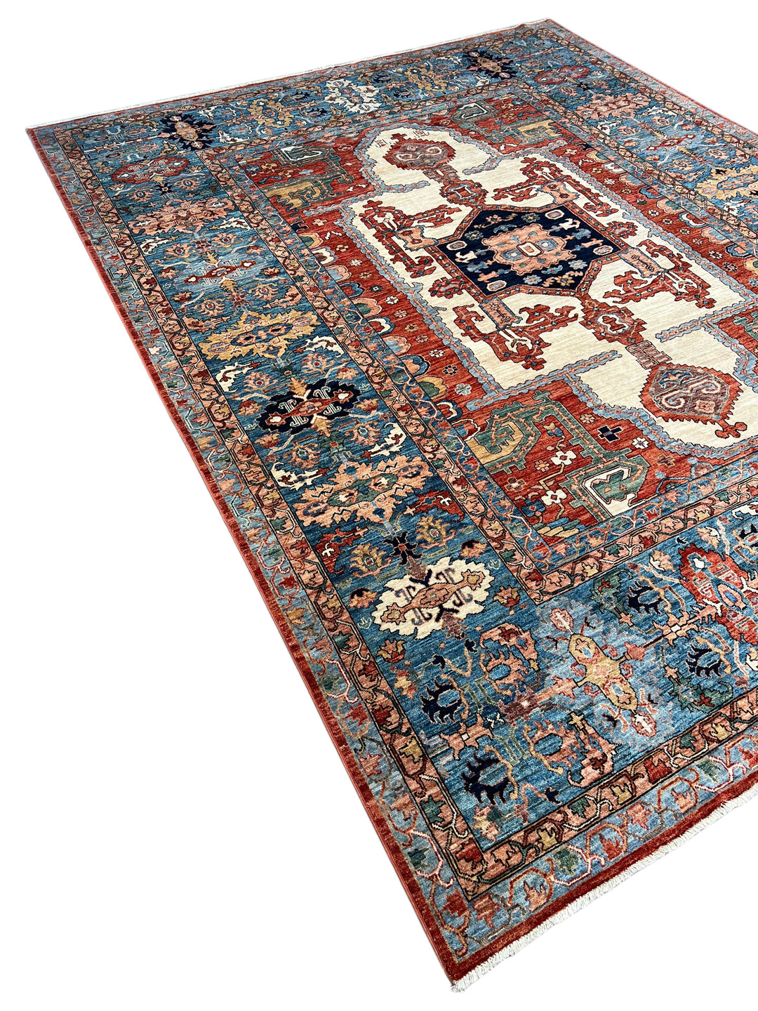 Blue, Rust &amp; Ivory Geometric Medallion Rug – 9’5” x 12’1”