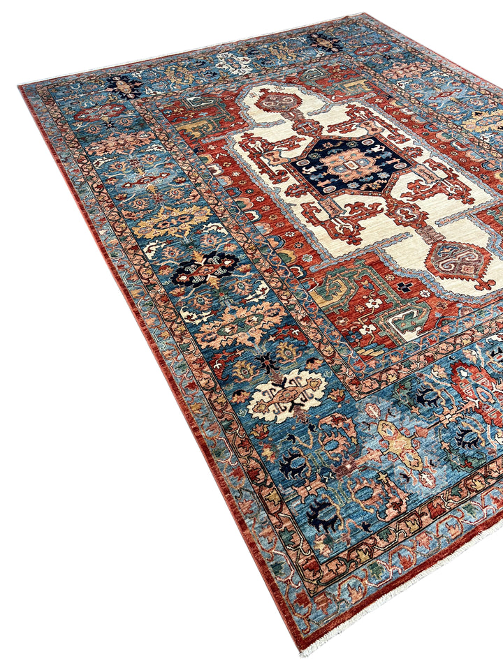 Blue, Rust &amp; Ivory Geometric Medallion Rug – 9’5” x 12’1”