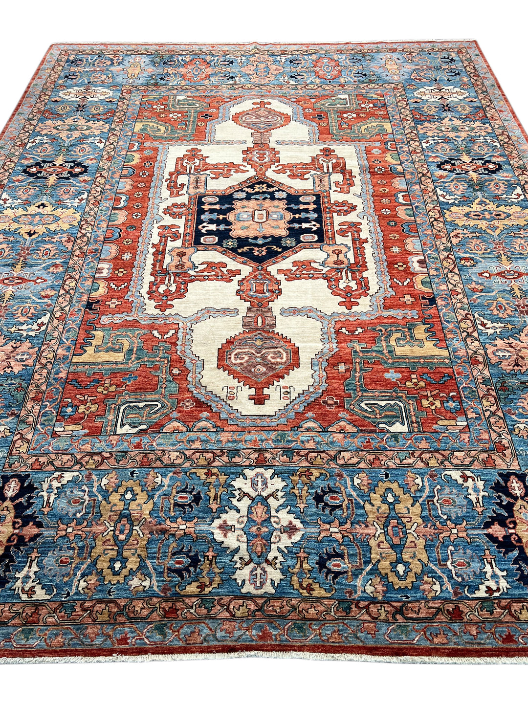 Blue, Rust &amp; Ivory Geometric Medallion Rug – 9’5” x 12’1”