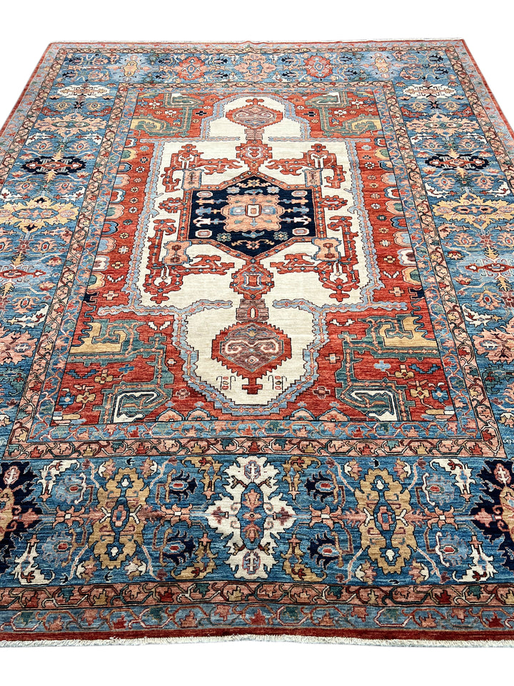 Blue, Rust &amp; Ivory Geometric Medallion Rug – 9’5” x 12’1”