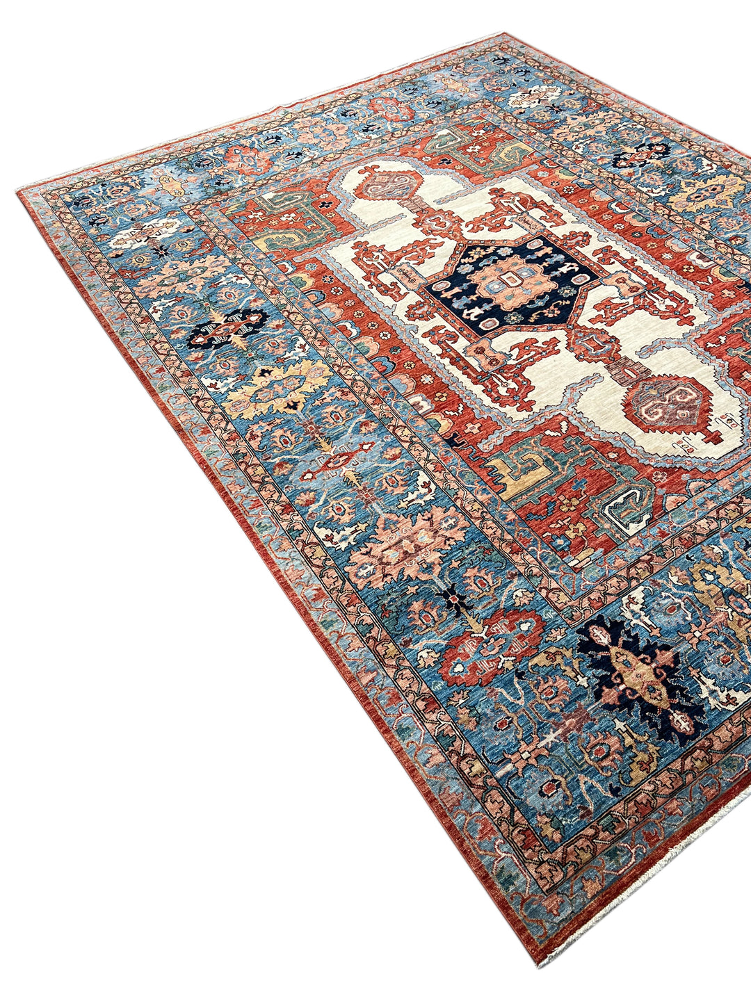 Blue, Rust &amp; Ivory Geometric Medallion Rug – 9’5” x 12’1”