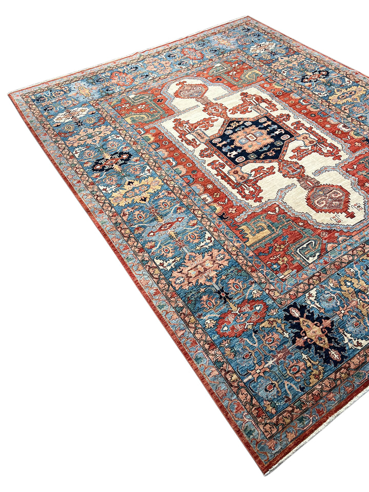 Blue, Rust &amp; Ivory Geometric Medallion Rug – 9’5” x 12’1”