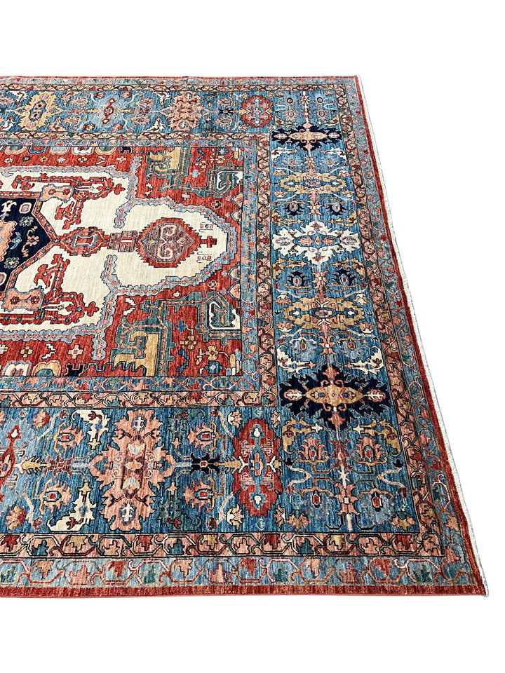 Blue, Rust &amp; Ivory Geometric Medallion Rug – 9’5” x 12’1”