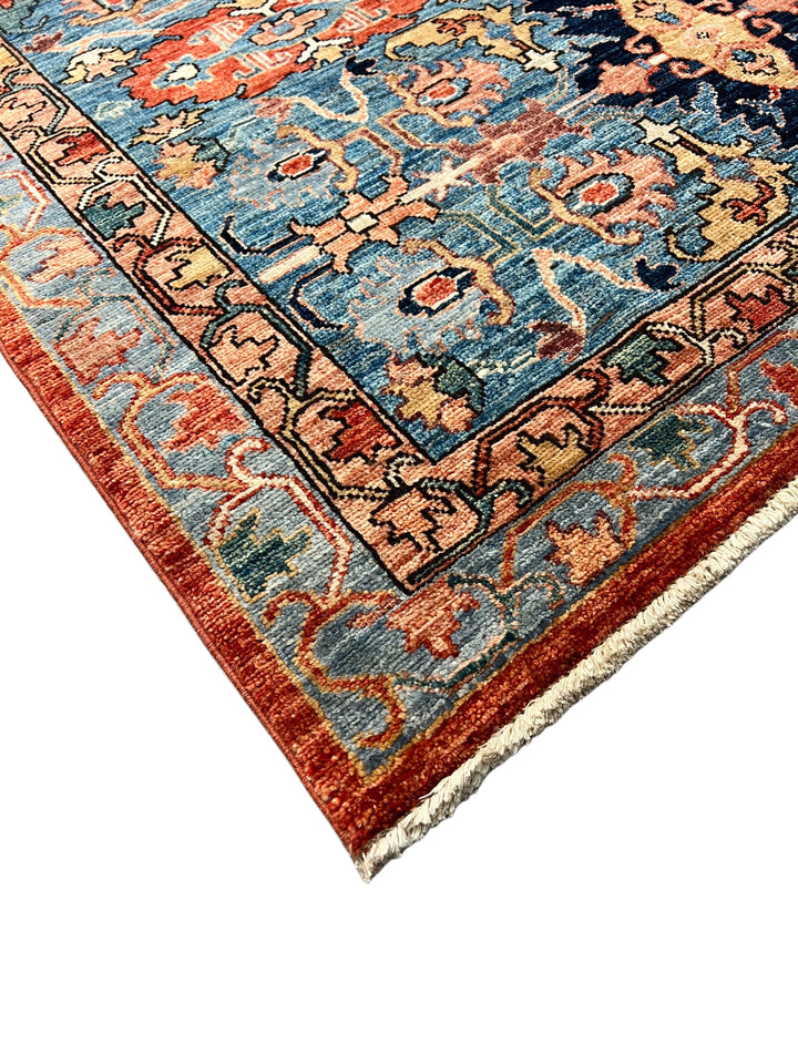 Blue, Rust &amp; Ivory Geometric Medallion Rug – 9’5” x 12’1”