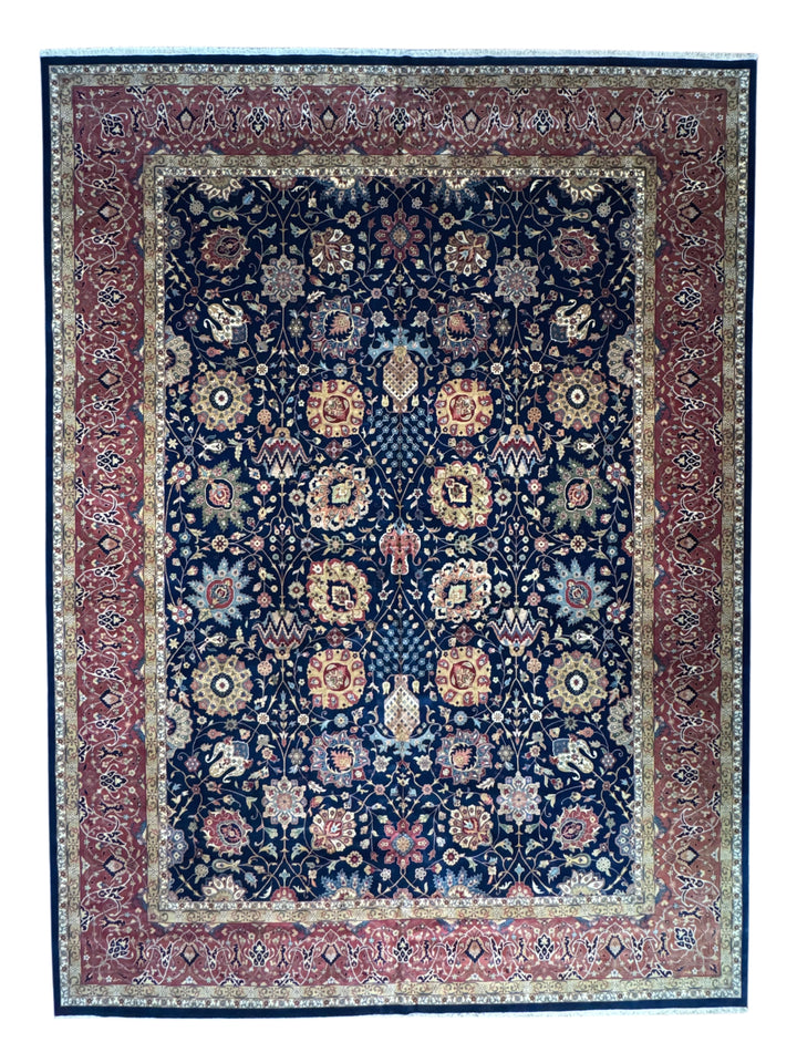 Navy Blue &amp; Burgundy Agra Style Floral Rug – 14’ x 19’