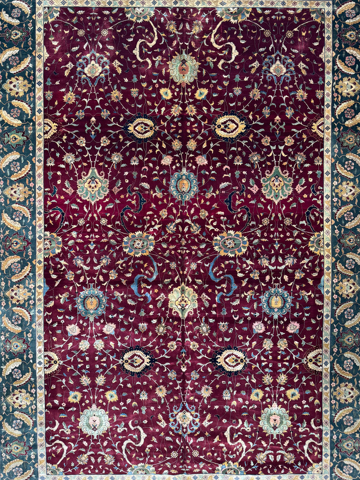 Burgundy &amp; Deep Green Agra Style Floral Rug – 12’0” x 17’7”