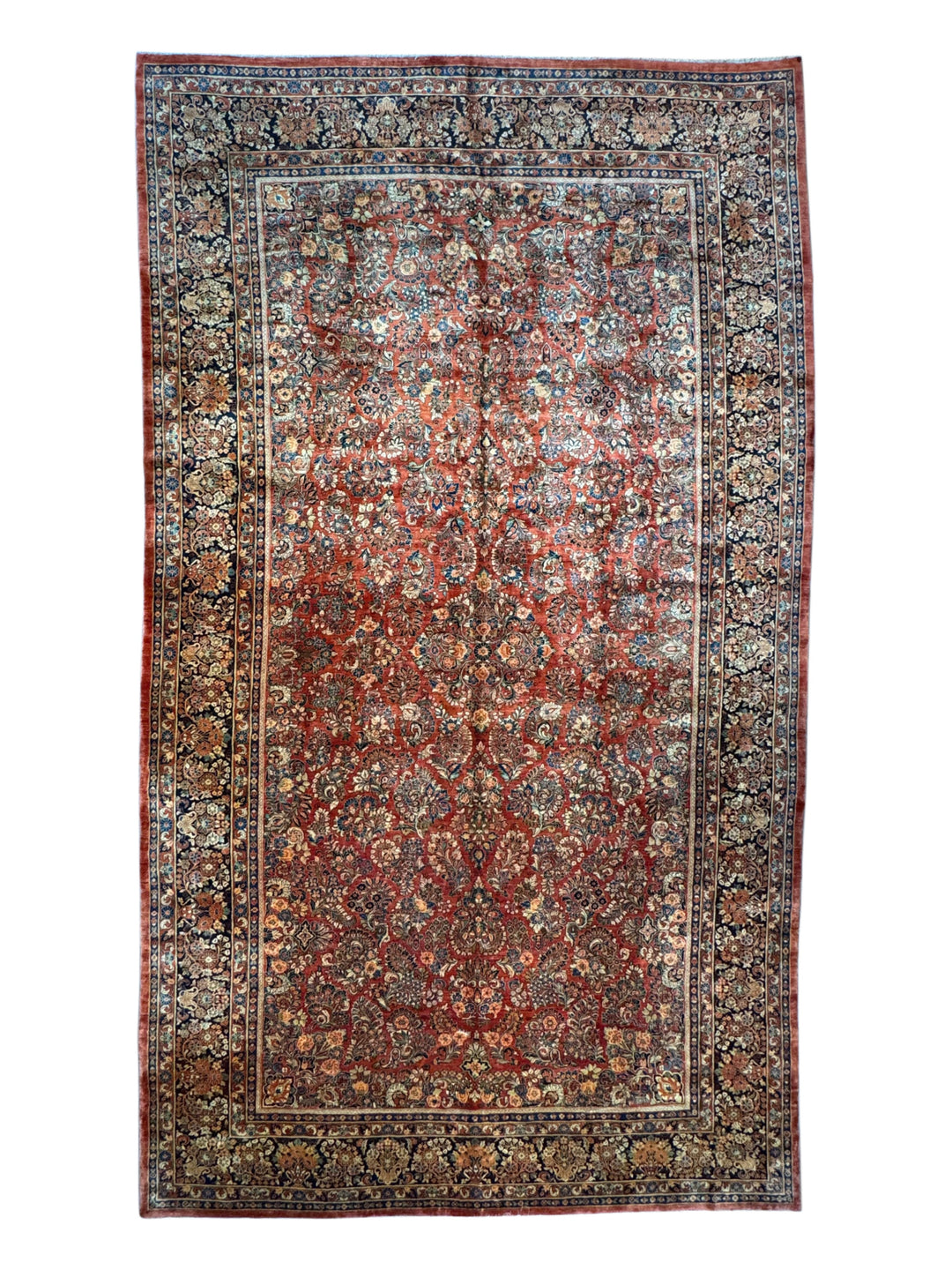 Rust &amp; Navy Sarouk Style All-Over Floral Rug – 12’ x 21’