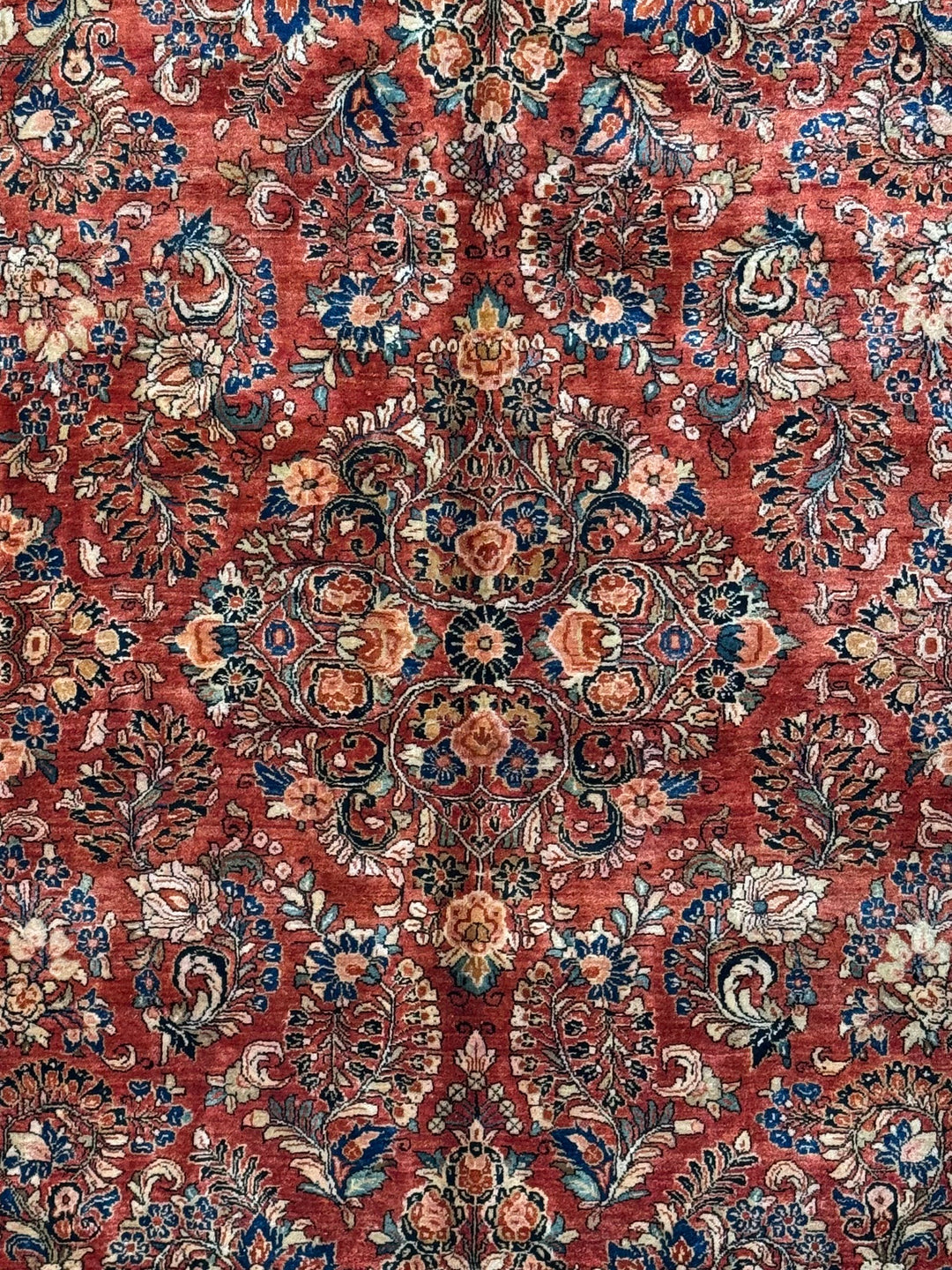 Rust &amp; Navy Sarouk Style All-Over Floral Rug – 12’ x 21’
