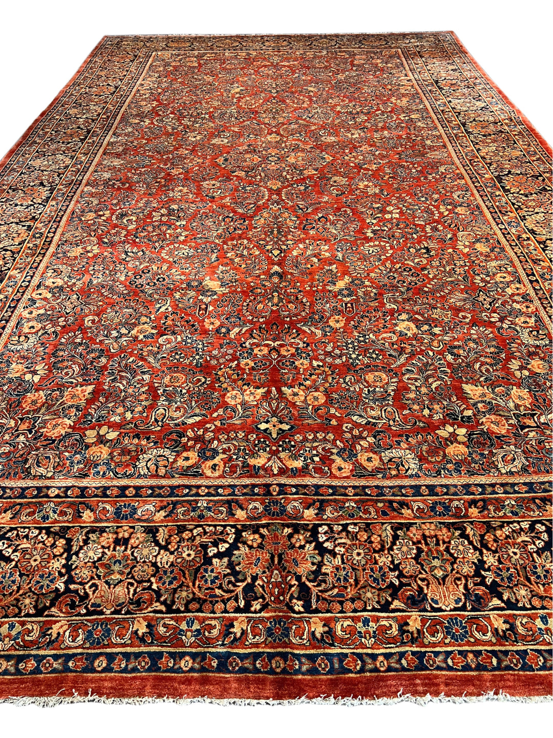 Rust &amp; Navy Sarouk Style All-Over Floral Rug – 12’ x 21’