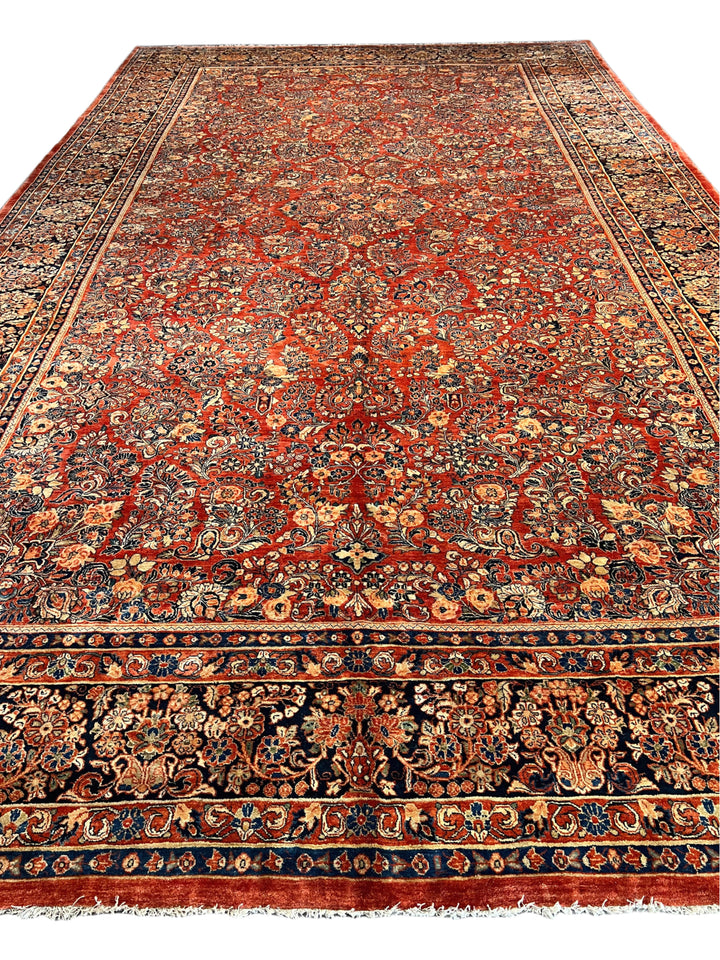 Rust &amp; Navy Sarouk Style All-Over Floral Rug – 12’ x 21’