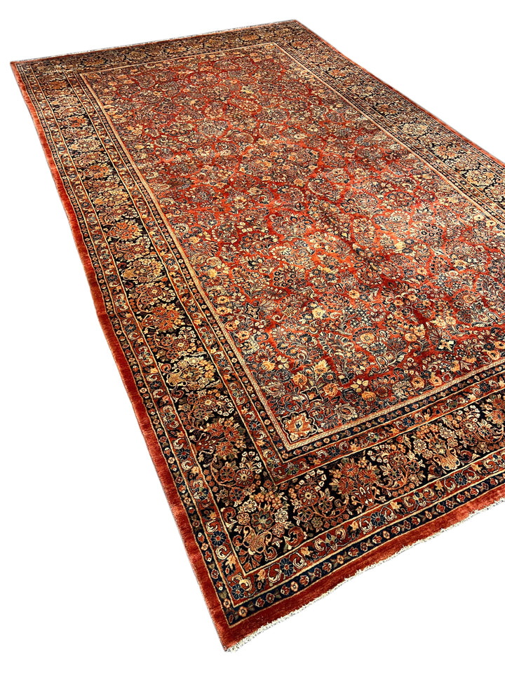Rust &amp; Navy Sarouk Style All-Over Floral Rug – 12’ x 21’