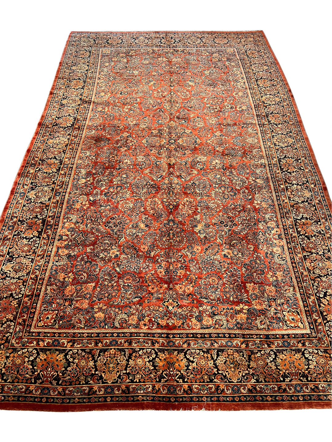 Rust &amp; Navy Sarouk Style All-Over Floral Rug – 12’ x 21’