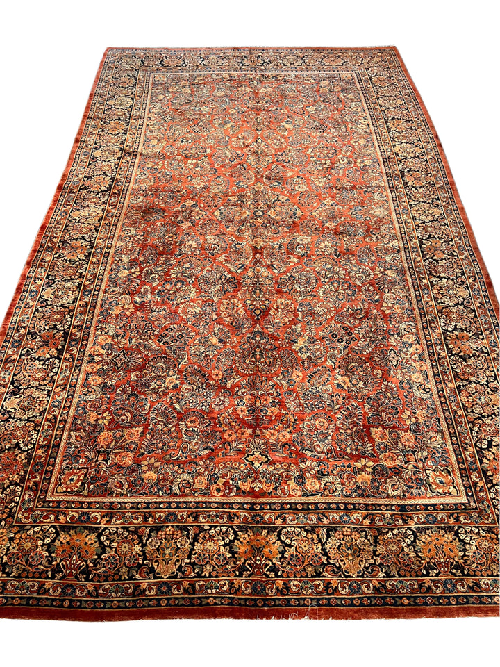 Rust &amp; Navy Sarouk Style All-Over Floral Rug – 12’ x 21’