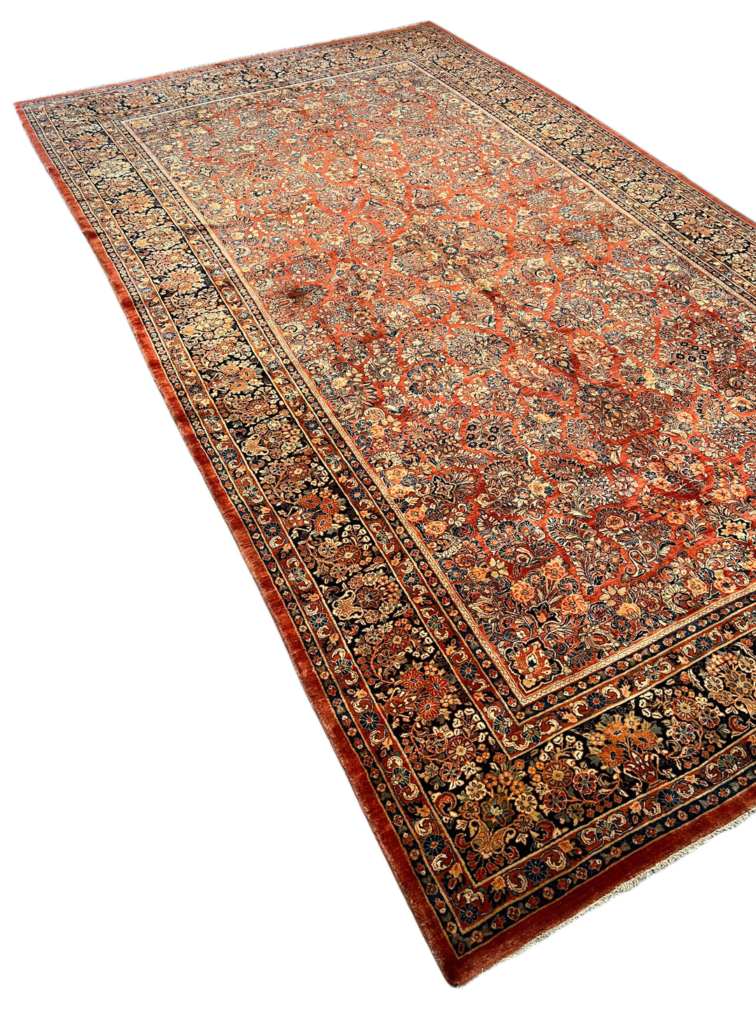Rust &amp; Navy Sarouk Style All-Over Floral Rug – 12’ x 21’