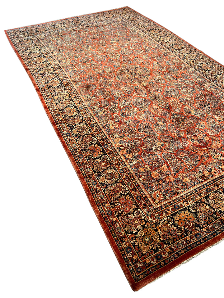 Rust &amp; Navy Sarouk Style All-Over Floral Rug – 12’ x 21’