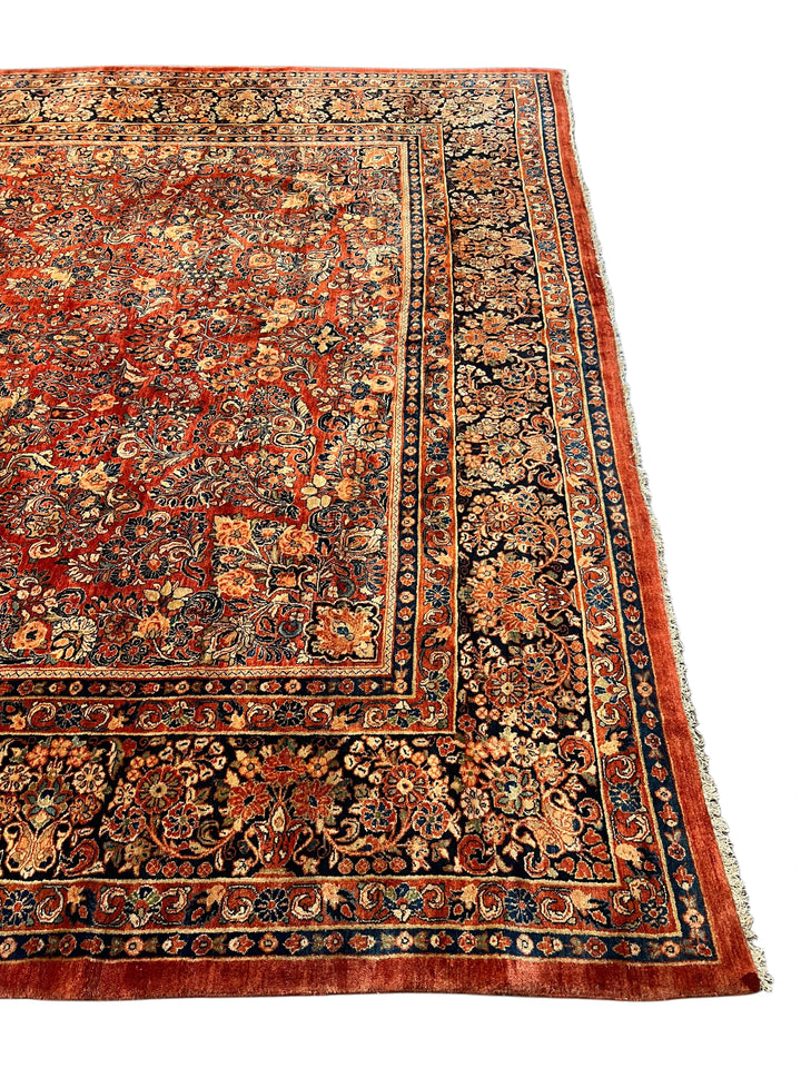 Rust &amp; Navy Sarouk Style All-Over Floral Rug – 12’ x 21’