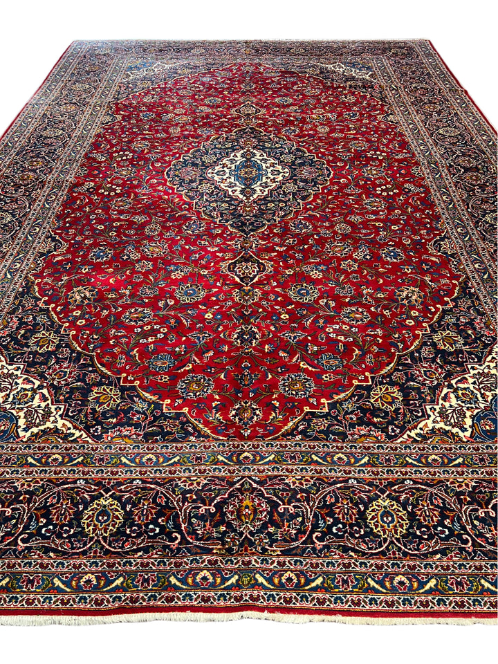 Red &amp; Navy Kashan Style Medallion Rug – 11’1” x 16’7”