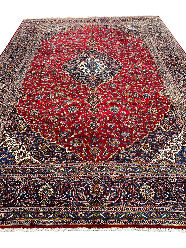 Red &amp; Navy Kashan Style Medallion Rug – 11’1” x 16’7”