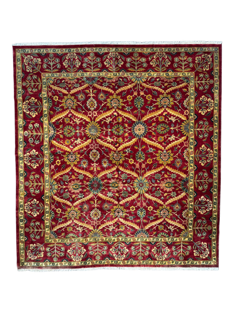 Burgundy & Gold Agra Style Square Floral Rug – 11’6” x 12’6”