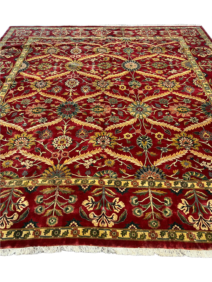 Burgundy &amp; Gold Agra Style Square Floral Rug – 11’6” x 12’6”