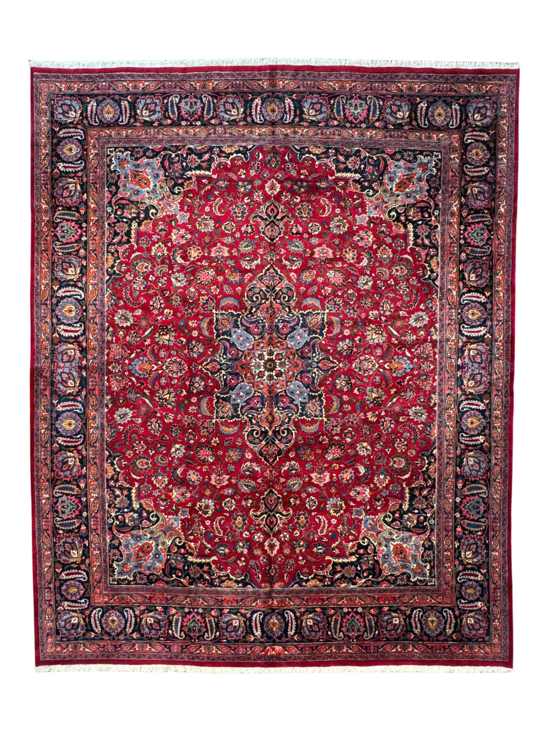 Ruby Red &amp; Navy Medallion Kashan Style Rug – 11’5” x 14’2”