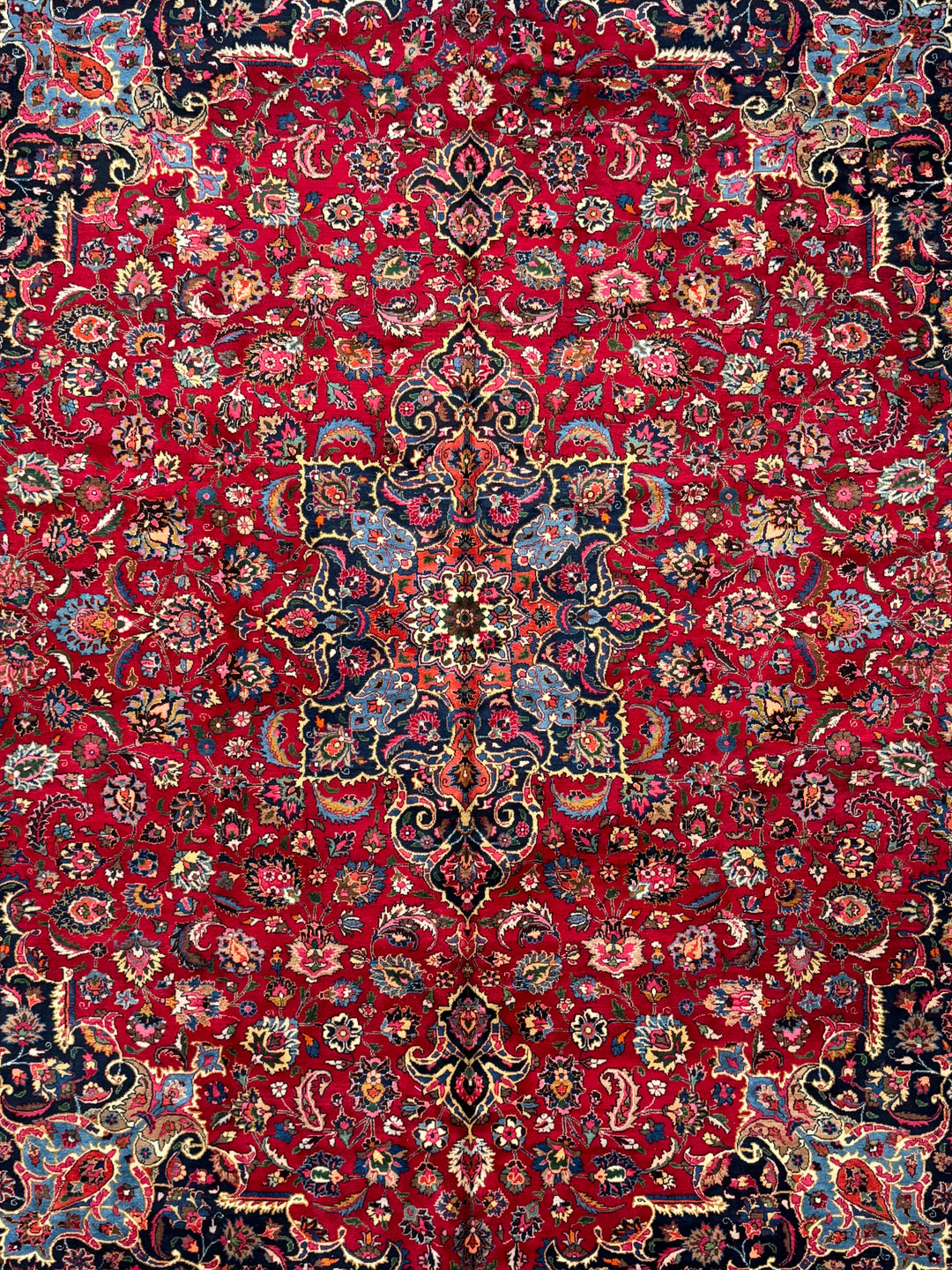 Ruby Red &amp; Navy Medallion Kashan Style Rug – 11’5” x 14’2”