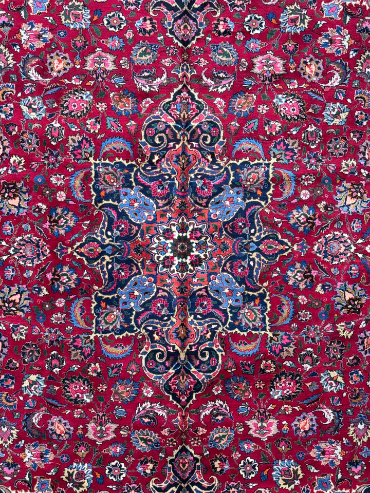 Ruby Red &amp; Navy Medallion Kashan Style Rug – 11’5” x 14’2”