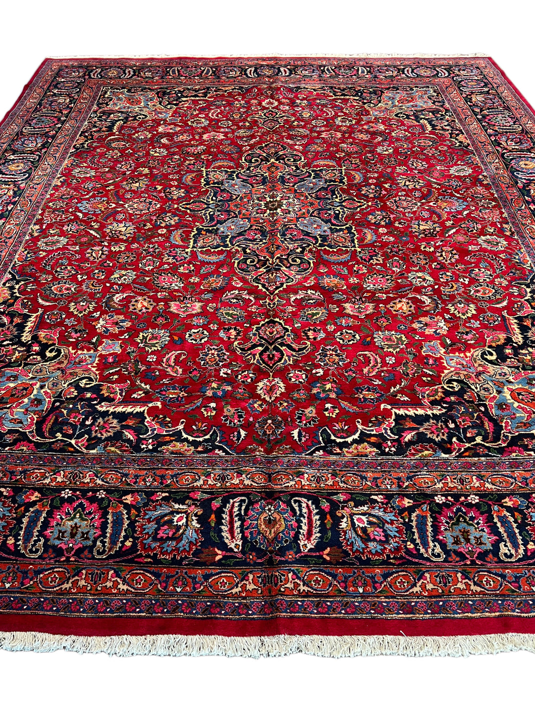 Ruby Red &amp; Navy Medallion Kashan Style Rug – 11’5” x 14’2”