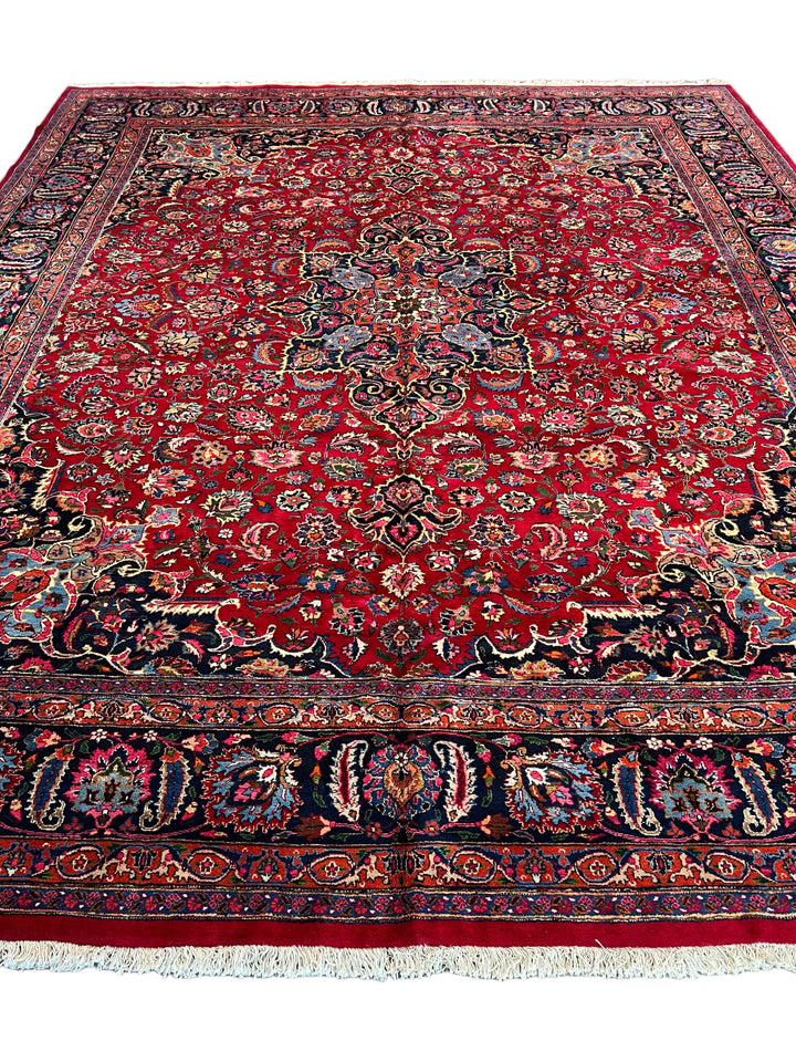 Ruby Red &amp; Navy Medallion Kashan Style Rug – 11’5” x 14’2”