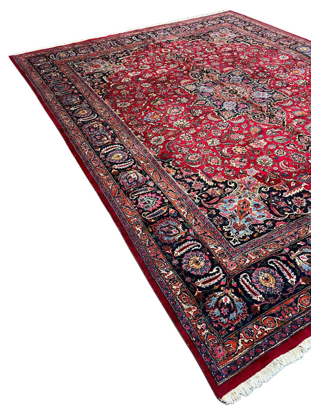 Ruby Red &amp; Navy Medallion Kashan Style Rug – 11’5” x 14’2”
