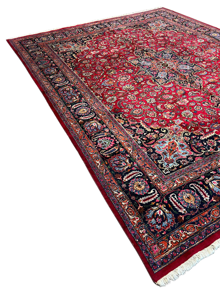 Ruby Red &amp; Navy Medallion Kashan Style Rug – 11’5” x 14’2”