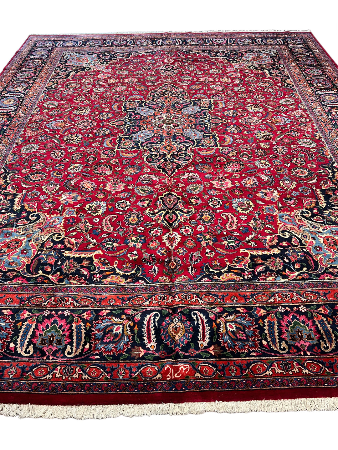 Ruby Red &amp; Navy Medallion Kashan Style Rug – 11’5” x 14’2”