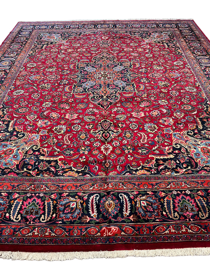 Ruby Red &amp; Navy Medallion Kashan Style Rug – 11’5” x 14’2”