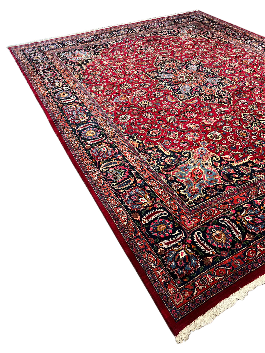 Ruby Red &amp; Navy Medallion Kashan Style Rug – 11’5” x 14’2”
