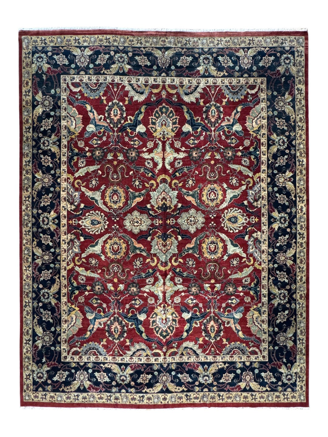 Red &amp; Navy Floral Indian Agra Style Rug – 12’1” x 15’10”