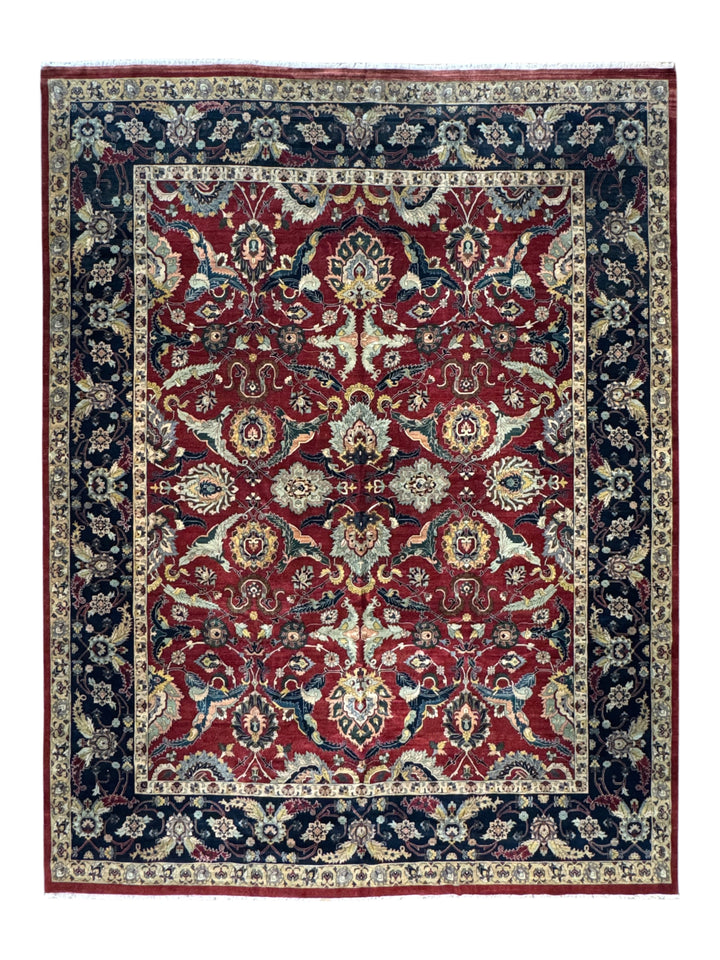 Red &amp; Navy Floral Indian Agra Style Rug – 12’1” x 15’10”