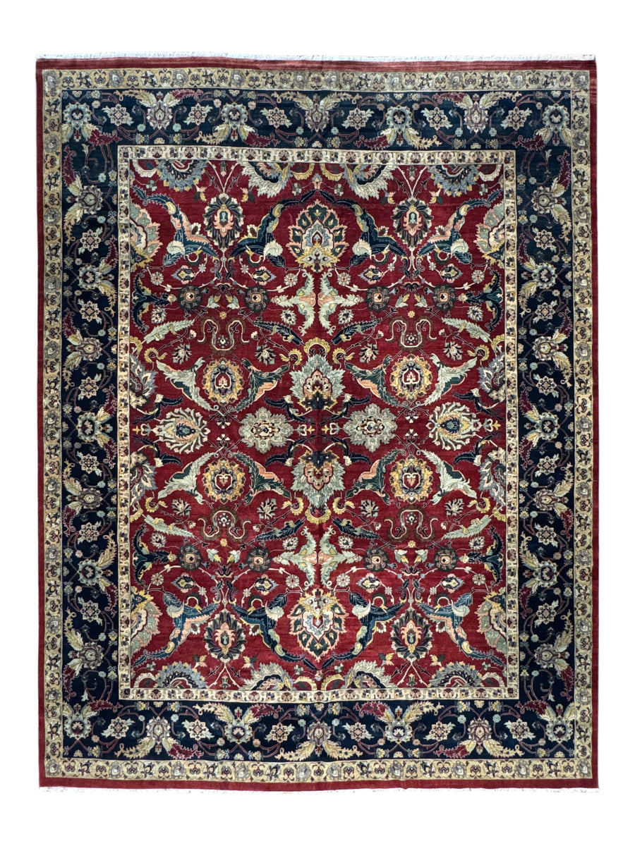 Red & Navy Floral Indian Agra Style Rug – 12’1” x 15’10”