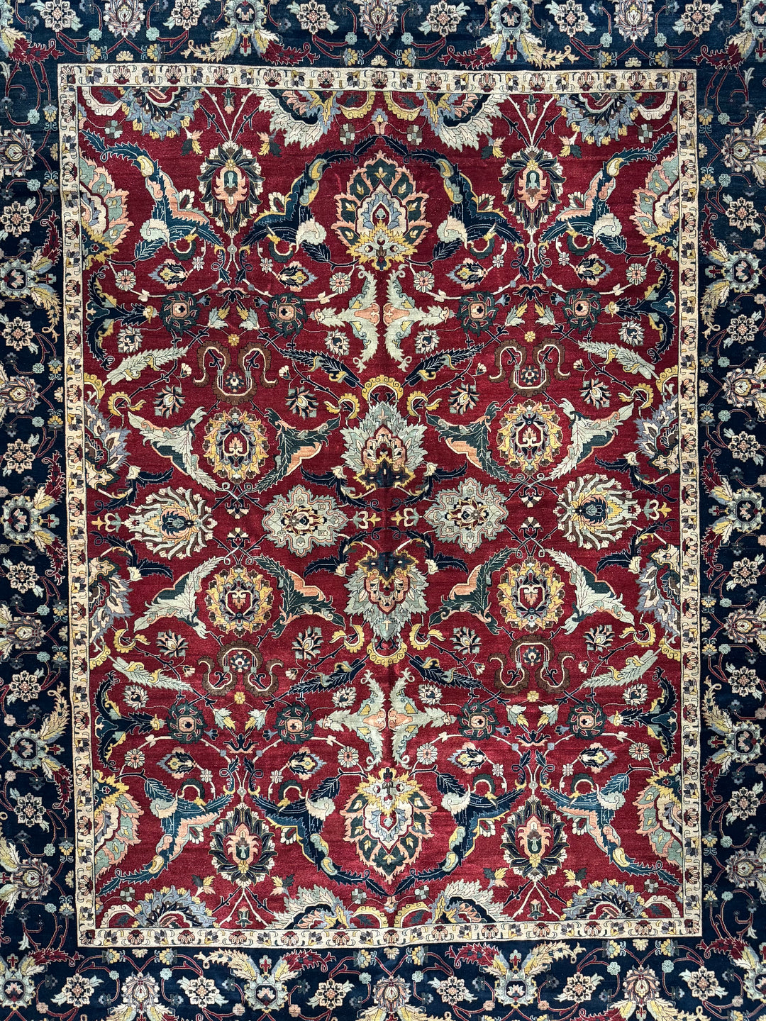 Red &amp; Navy Floral Indian Agra Style Rug – 12’1” x 15’10”