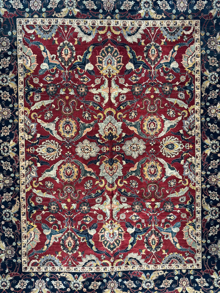 Red &amp; Navy Floral Indian Agra Style Rug – 12’1” x 15’10”