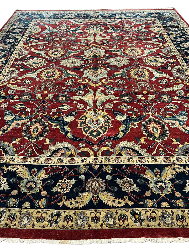 Red &amp; Navy Floral Indian Agra Style Rug – 12’1” x 15’10”