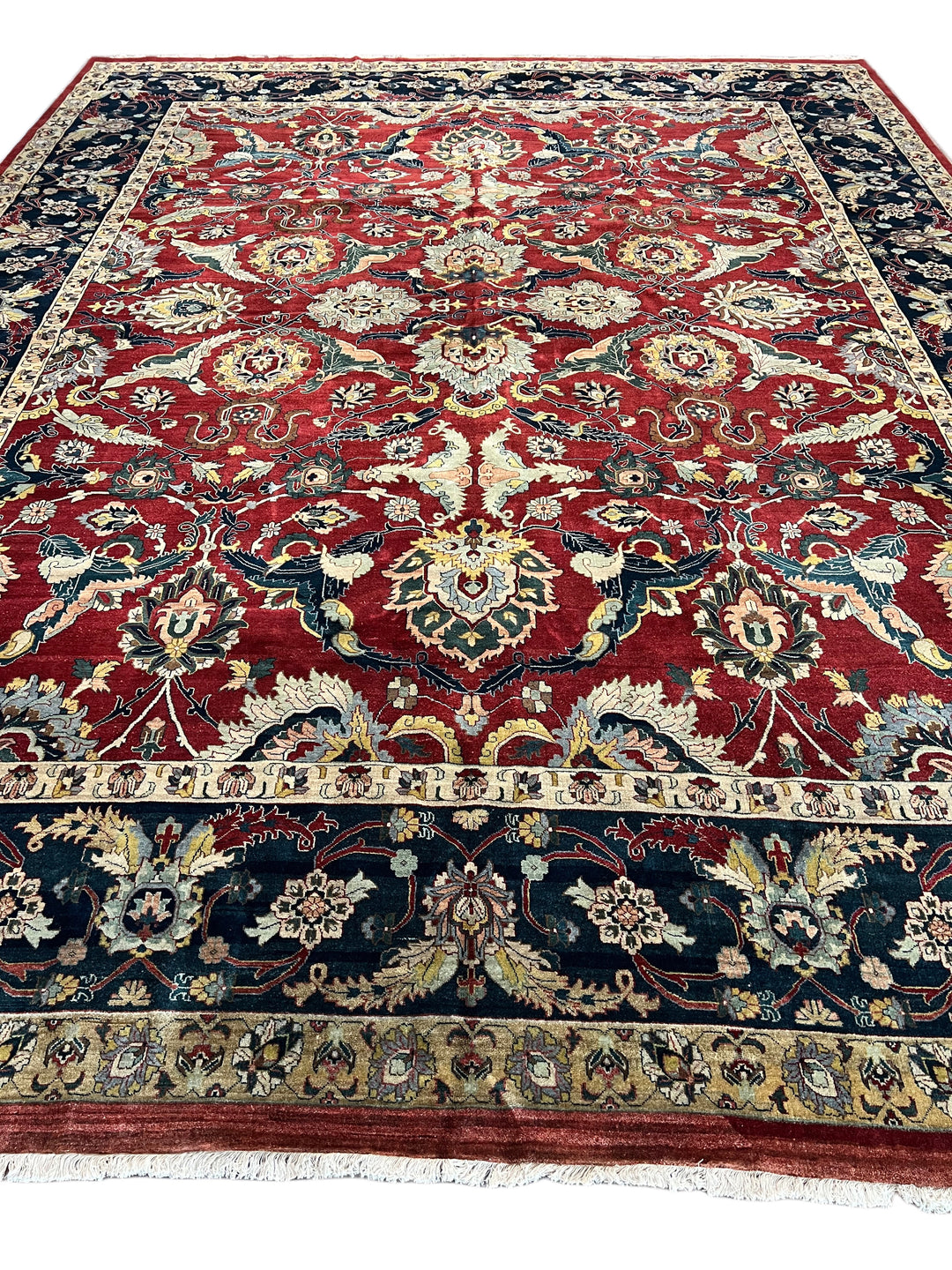 Red &amp; Navy Floral Indian Agra Style Rug – 12’1” x 15’10”