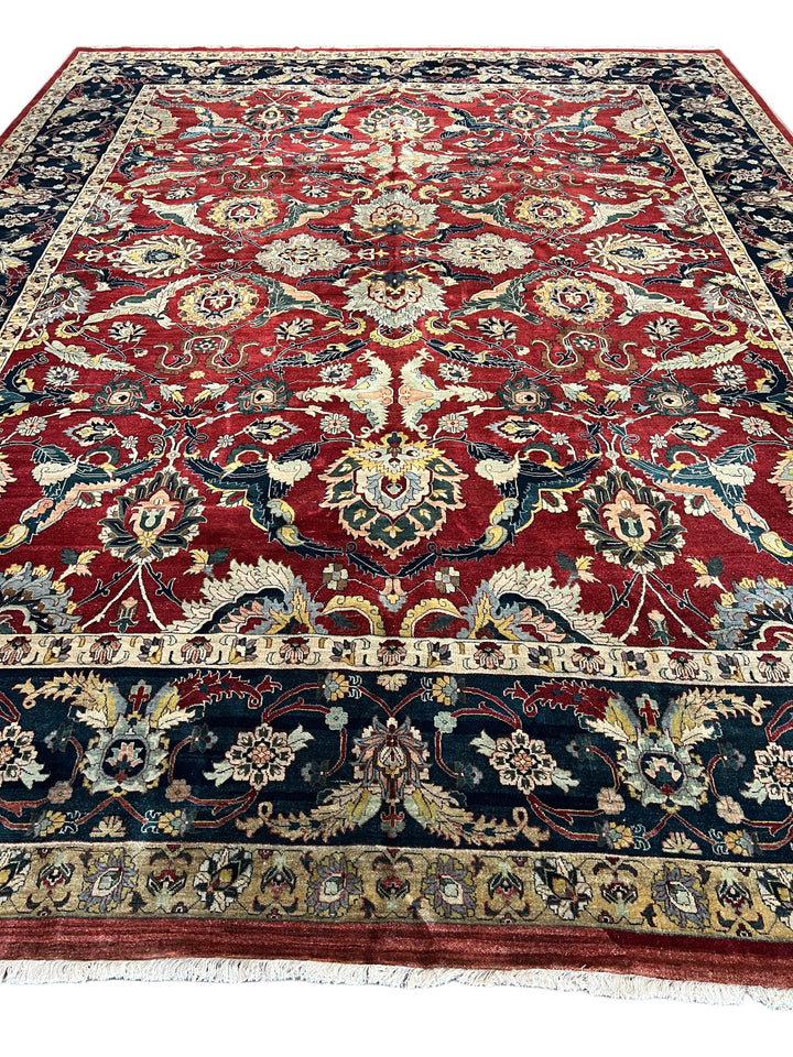 Red &amp; Navy Floral Indian Agra Style Rug – 12’1” x 15’10”