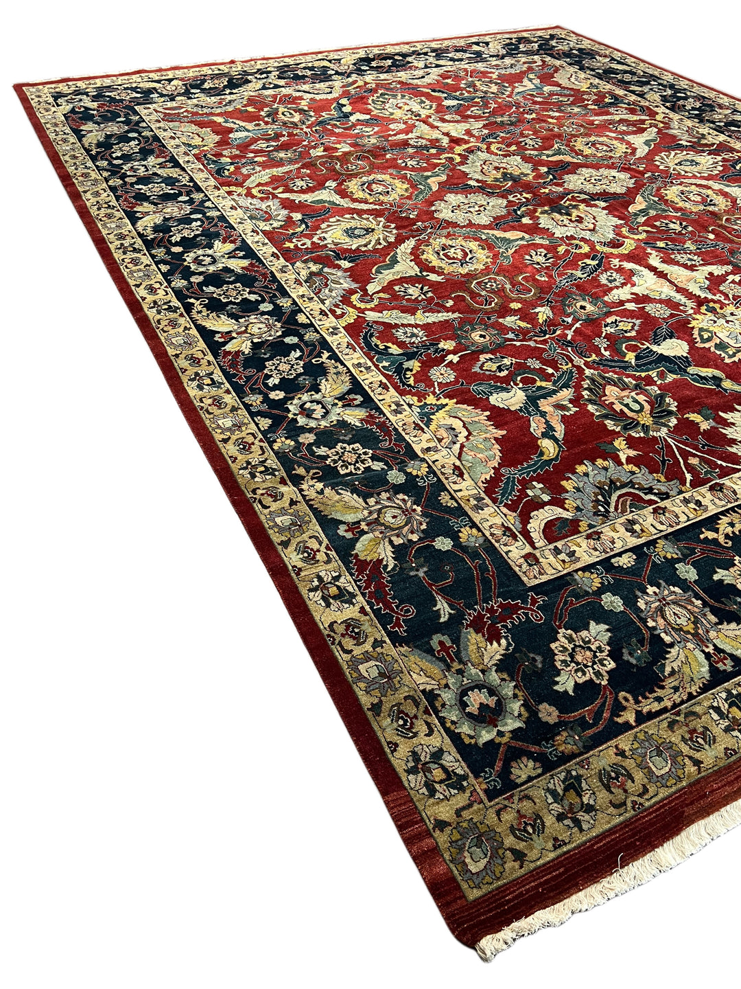Red &amp; Navy Floral Indian Agra Style Rug – 12’1” x 15’10”